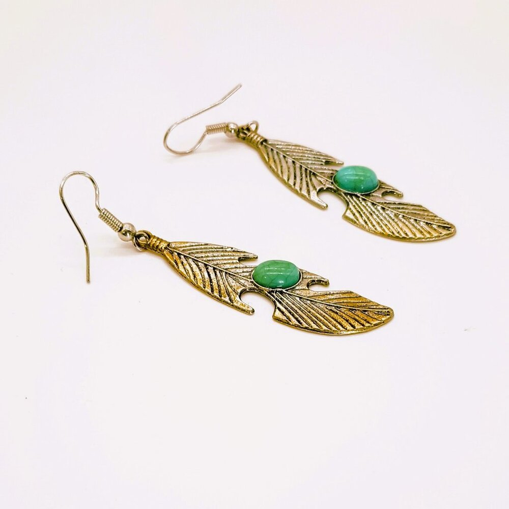 Faux Turquoise Feather Dangle Earrings Silver Tone Cabochon Boho Hook Earrings